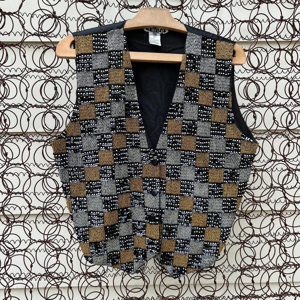 Vintage 80s Effect beaded sequin checkerboard vest gold silver black MEDIUM